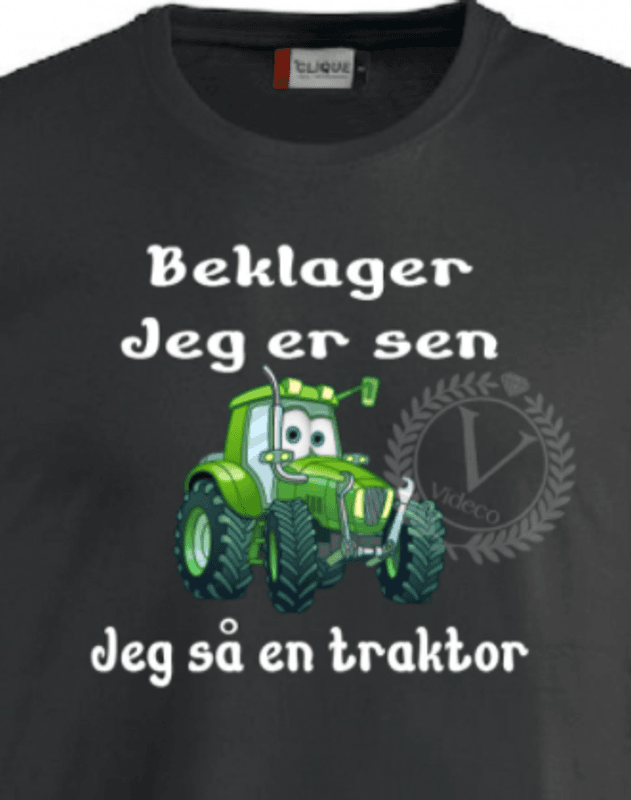 T-shirt til barn - sort, Beklager  jeg er sen m/traktor 